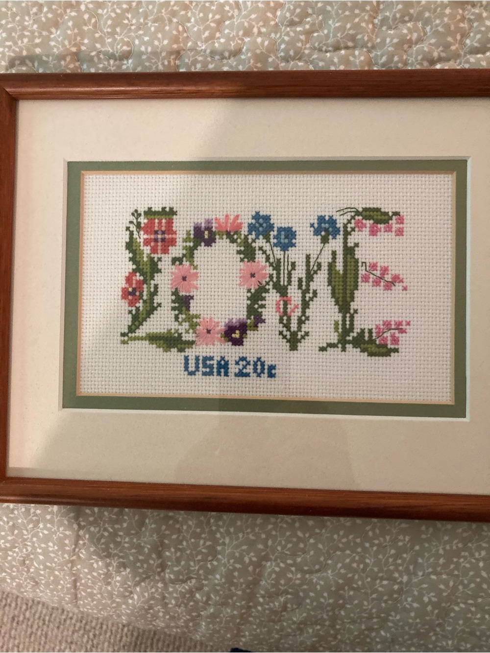 Framed 'LOVE' Floral Cross Stitch Wall Art